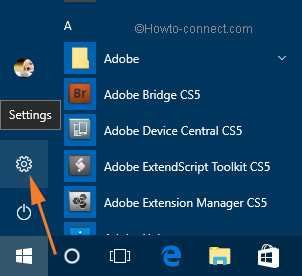 Settings symbol in the Start Menu in Windows 10 opearting system