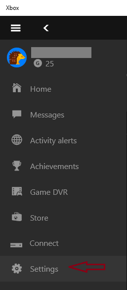 Settings symbol of the Xbox app in Windows 10
