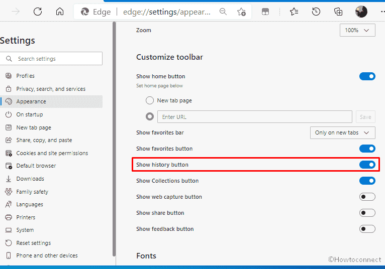 Show History button in Toolbar in Microsoft Edge