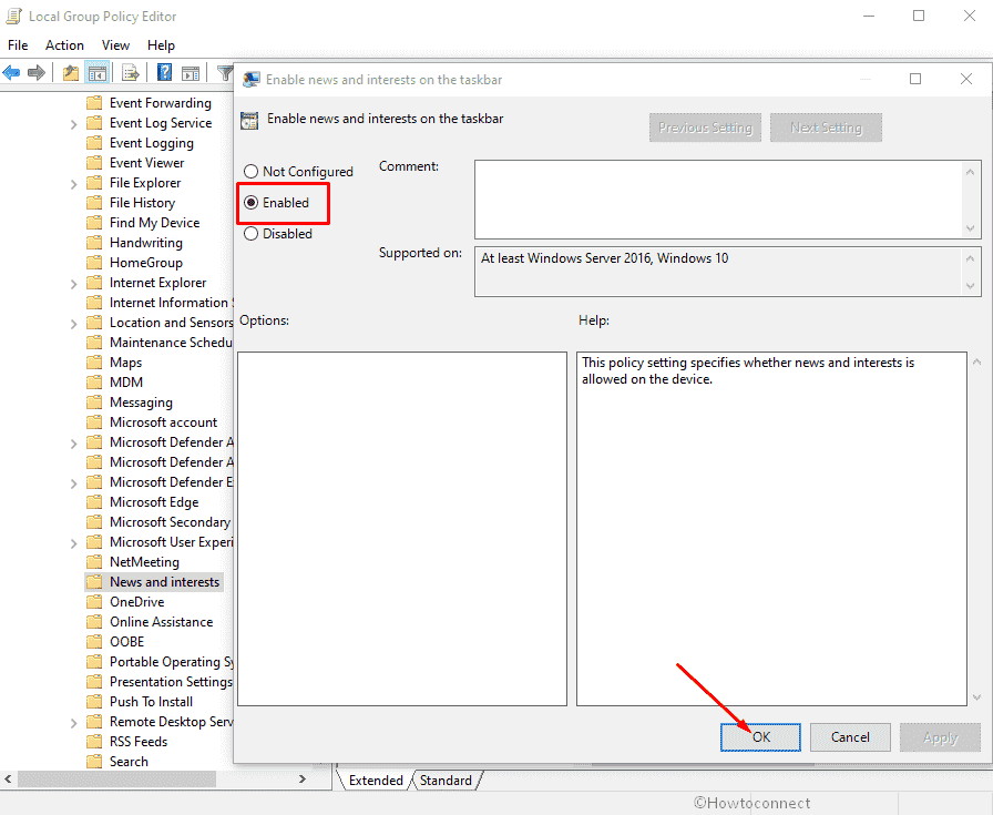 Show News and Interests on taskbar using Group Policy Editor