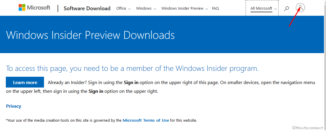 Sign in icon on Windows insider program page