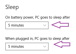 Sleep timeout settings for two conditions