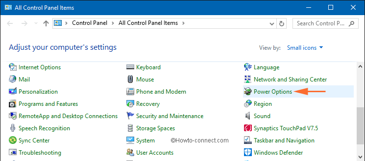 Small icons view exhibits Power Options