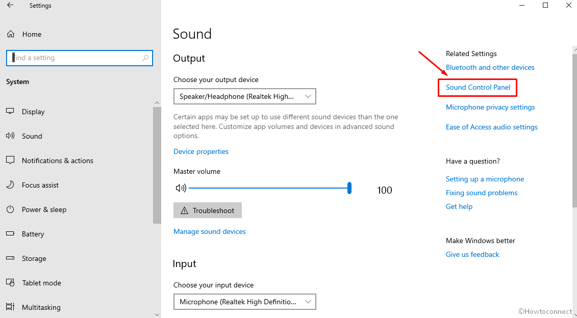 Sound control panel link in Settings