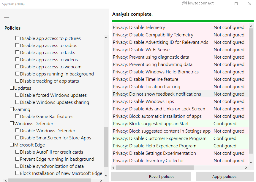 Spydish 0.14.0 disables more Telemetry entries on Windows 10