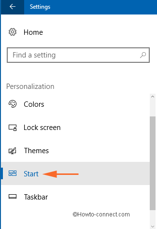 Start listed under Personalization category of Settings app