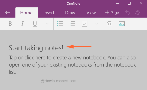 Start taking notes text to create a new notebook in Windows 10