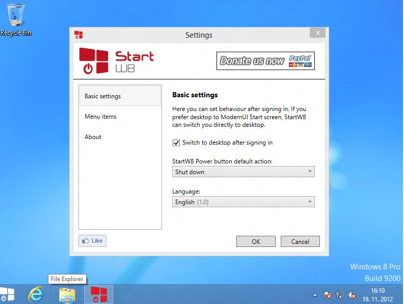 StartW8 tool basic settings