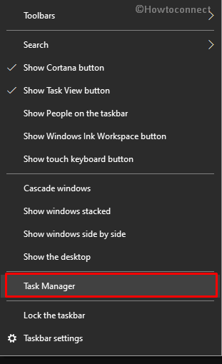 Task manager on taskbar context menu
