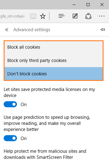 Three option block All Cookies in Edge to manage cookies