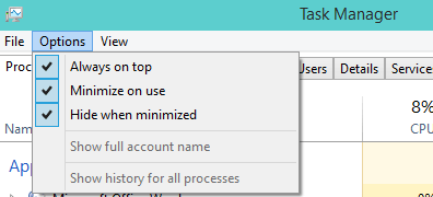 Windows 10 Task Manager Option Menu