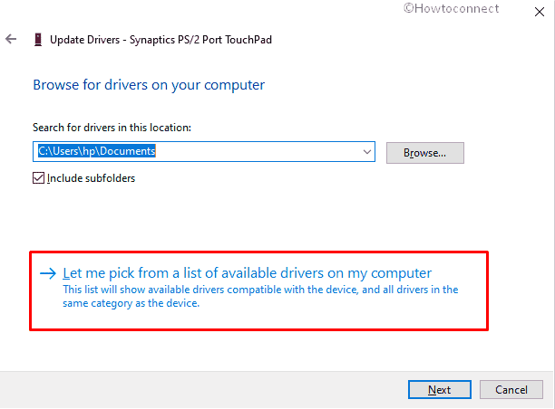 Touchpad Settings Reset to Default-choose Let me pick from a list of available drivers on my computer