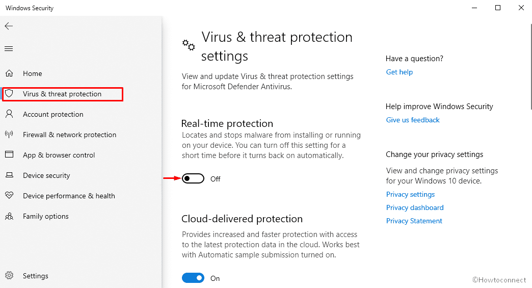 Turn off real-time protection of Windows Security