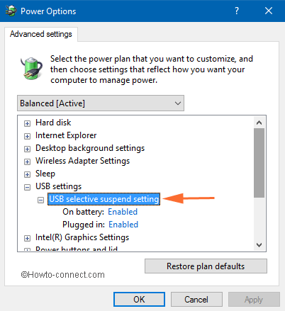 Enable USB Selective Suspend in windows 10 setting in Power Options Window