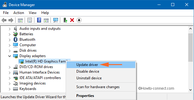 Update Driver Software of Intel Graphics Family under Display Adapters in Windows 10 Device Manager