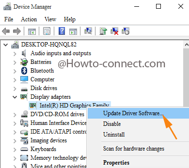 Update Driver Software of Intel Graphics Family under Display Adapters in Windows 10 Device Manager