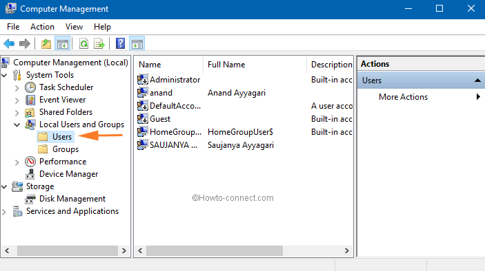 Users Folders in Local Users and Groups option of Computer Management