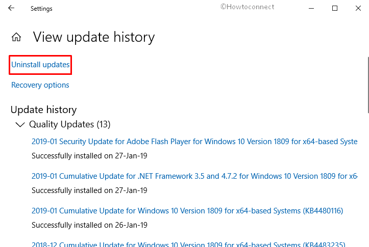 View update history windows 10