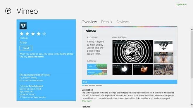 Vimeo app install from Windows Store