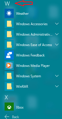 W list of apps or programs is displayed