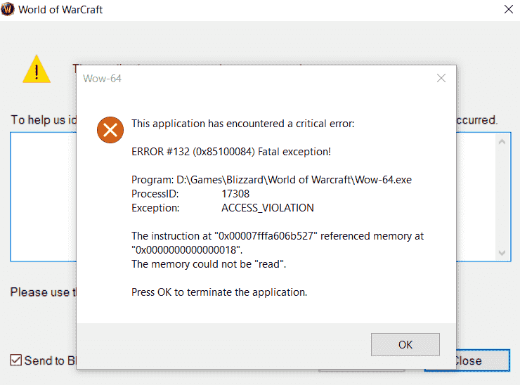WOW Error #132 (0x85100084) error message