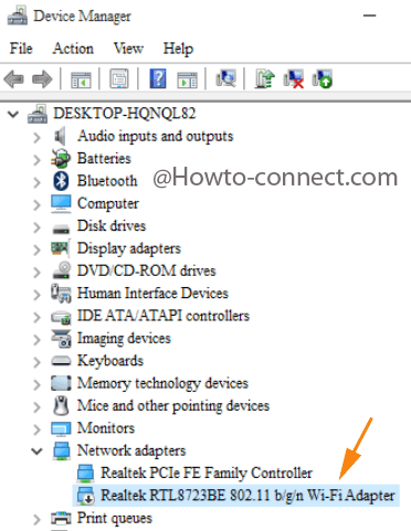 WiFi Adapter listed under the Network adapter in Windows 10 Device Manager