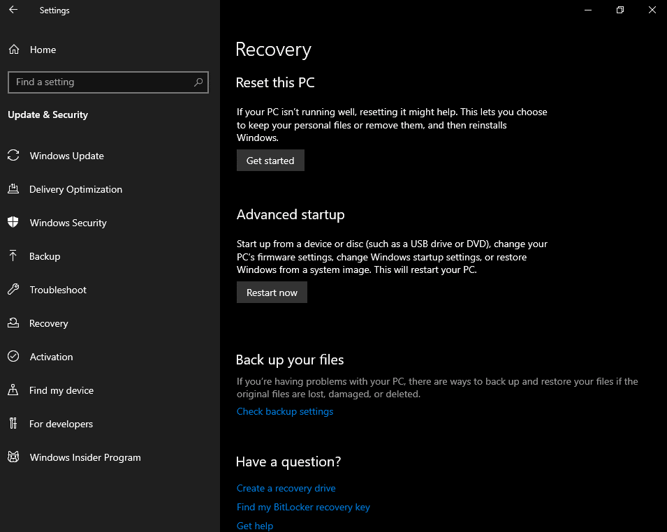 Windows 10 1903 Reset this PC User Interface