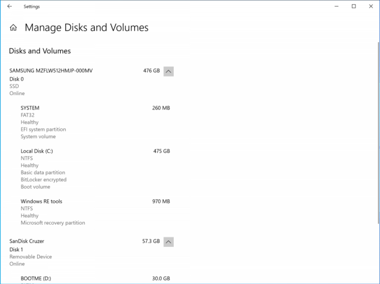 Windows 10 21H2 Manage Disks and Volumes