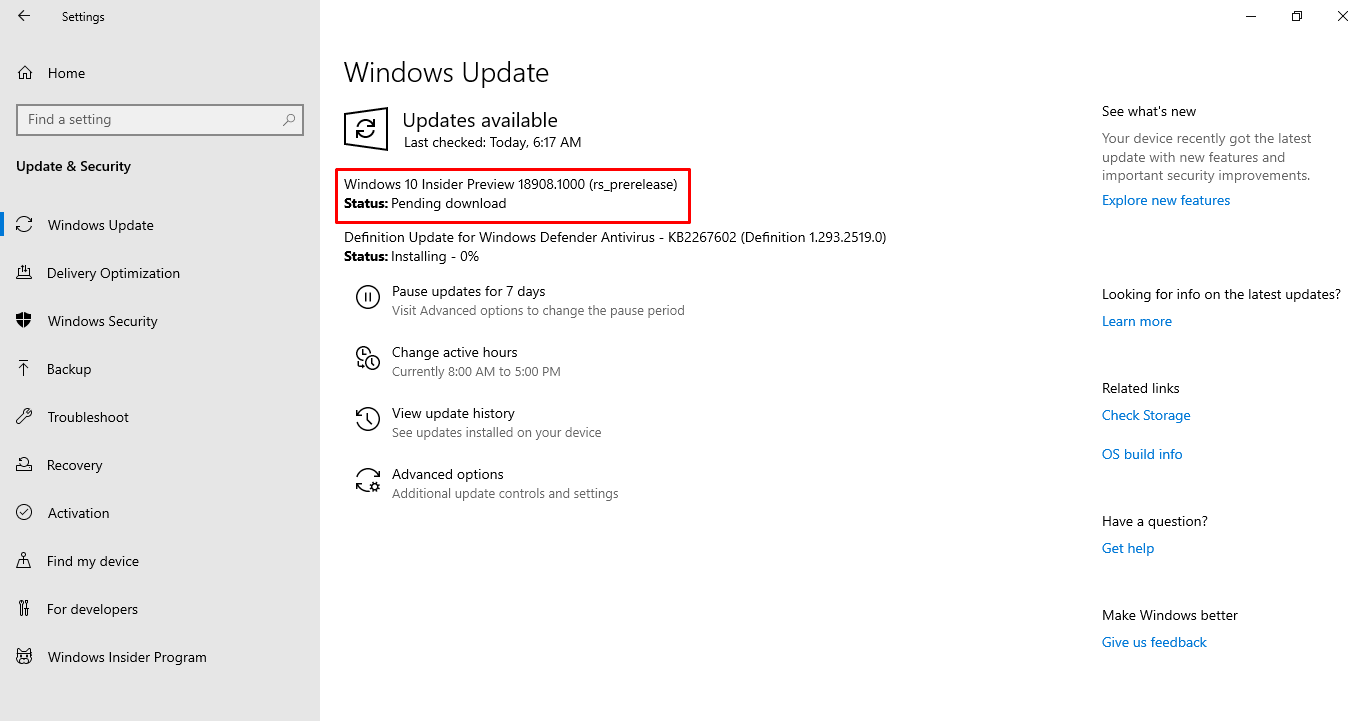 Windows 10 Build 18908 20H1