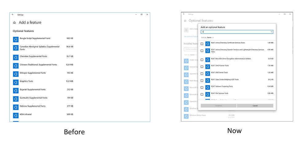 Windows 10 Build 18980 [20H1] Optional features improvement