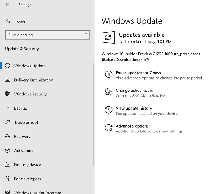 Windows 10 Build 21292.1000