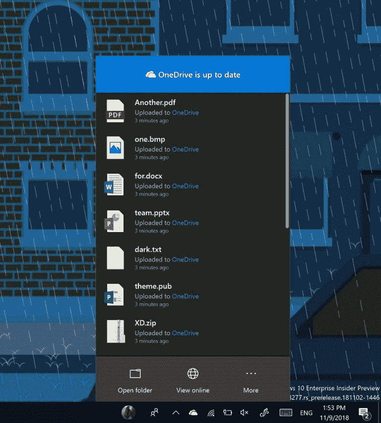 Windows 10 Insider Preview Build 18282 - onedrive flyout