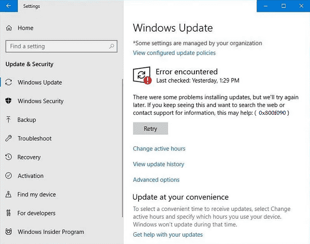 Windows 10 Update Error Code 0x800f090