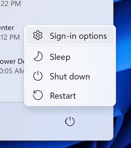 Windows 11 Build 22458 sign in option in power menu