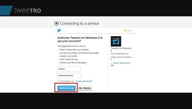 windows 8 tweetro app login