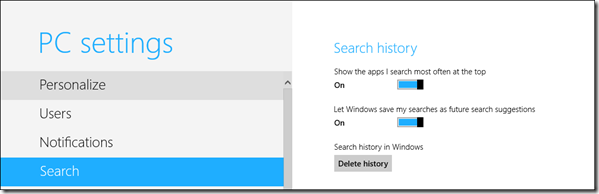 windows 8 search history