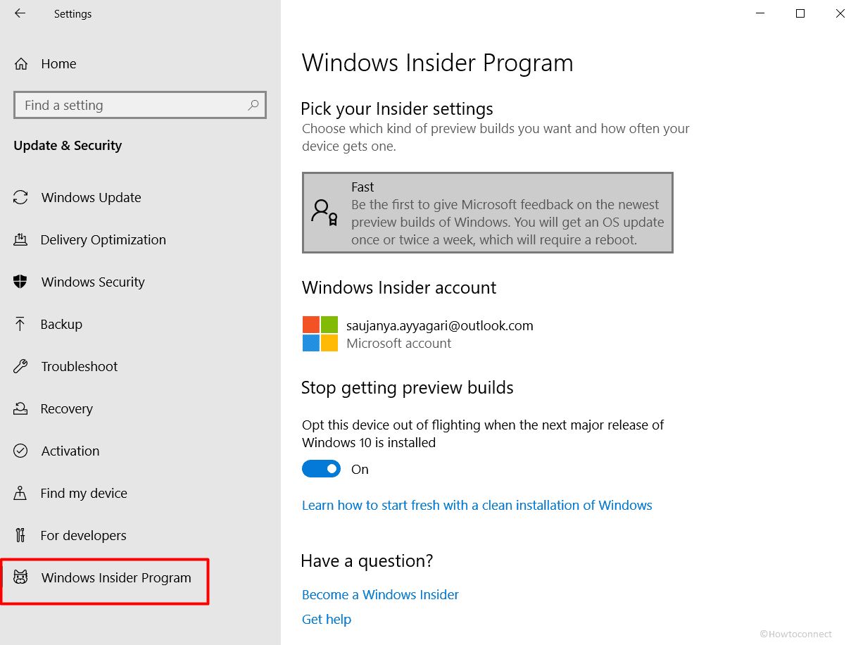Windows Insider Program Settings Page