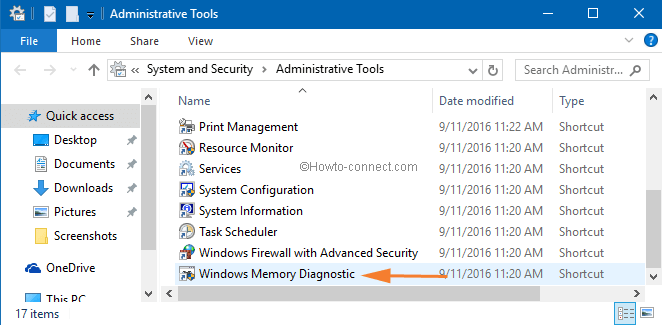 Windows Memory Diagnostic on adnistrative tools