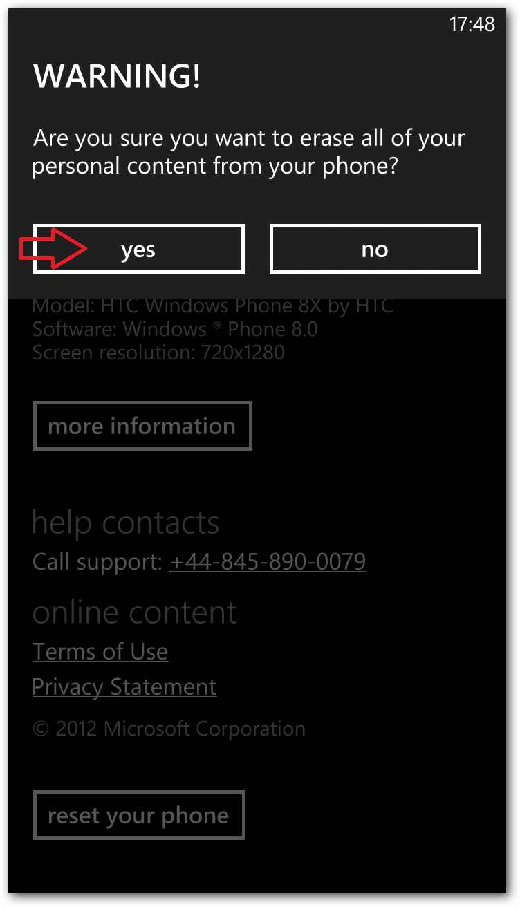 windows phone 8 reset factory yes