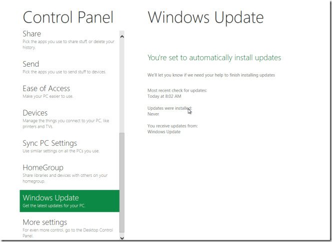 windows update tile in metro control panel