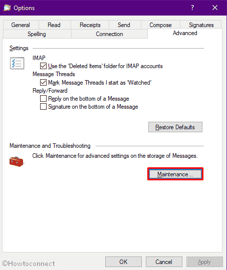 Windows live mail error id 0x800c013e - click Maintainance
