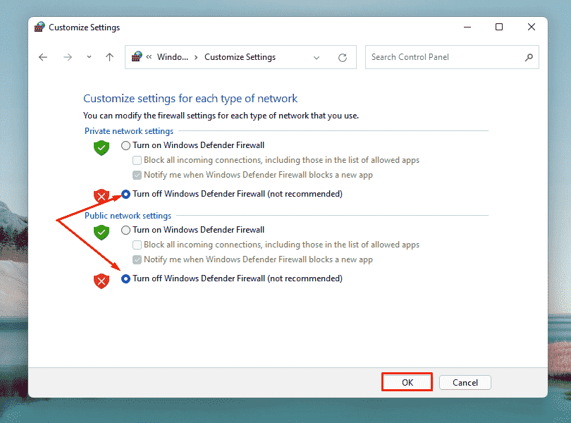 Windows update error 0x8009001d - Turn Off Windows Firewall temporarily