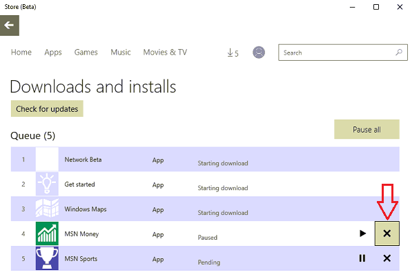 X button to cancel individual download in windows 10 store beta