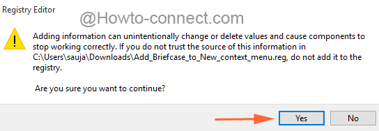 Yes button of Registry Editor warning box