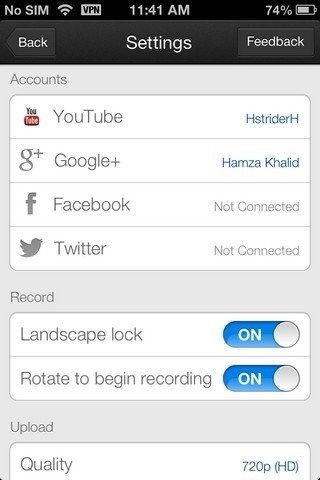 youtube capture app settings page