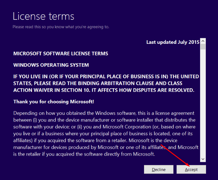 accept button on license terms