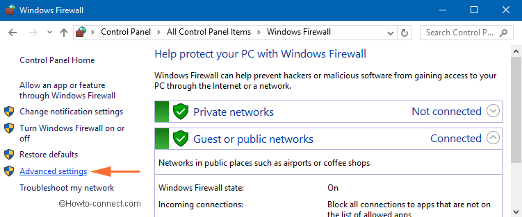 advanced settings link windows firewall