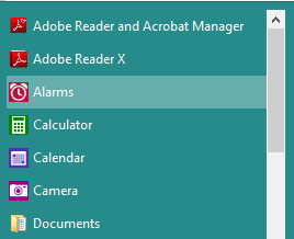 alarm option on the start menu windows 10