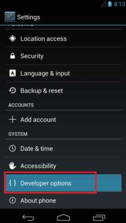 android 4.1.2 developer option