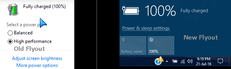 Restore Old Battery flyout on windows 10